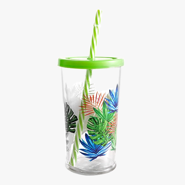 Glass Juice Cups with Straw and Lids