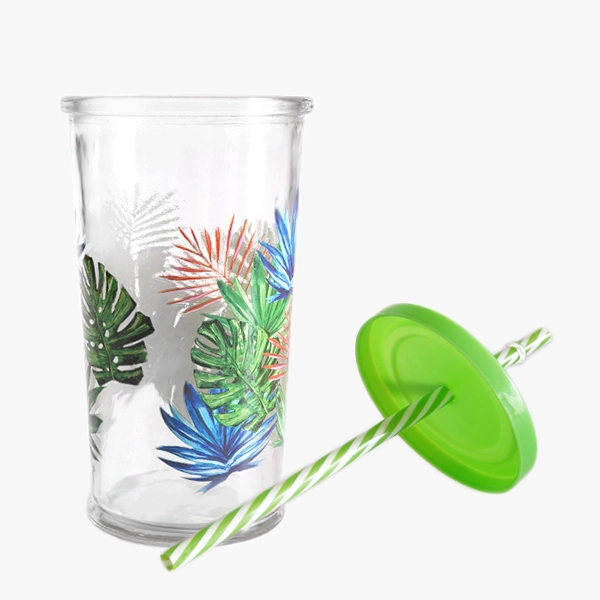 Glass Juice Cups with Straw and Lids