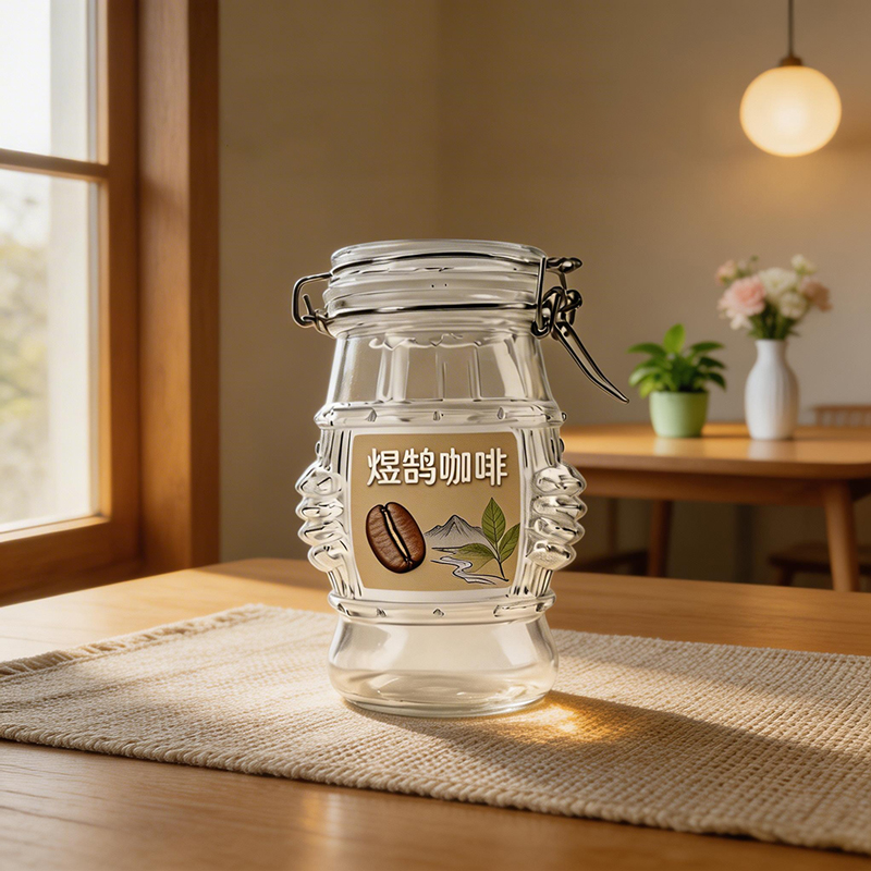 Unique Conga drum shape Clear 420ml freeze-dried Instant Coffee Glass Jar with Clamp Lid